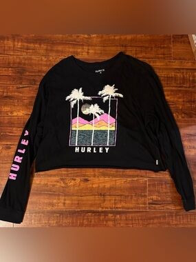 Hurley Black Long Sleeve Crop Top with Sunset Palm Graphic